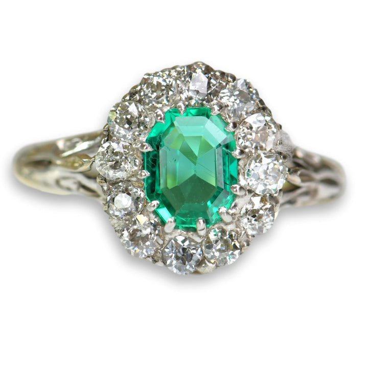 Victorian Colombian Emerald Diamond Cluster Antique Ring-SOLD