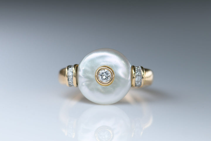 18K Gold Pearl and Diamond Ring Size52