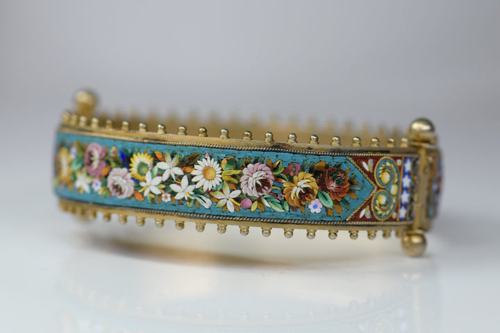 Victorian Antique Micro Mosaic Flower & Dove Bangle Bracelet - SOLD