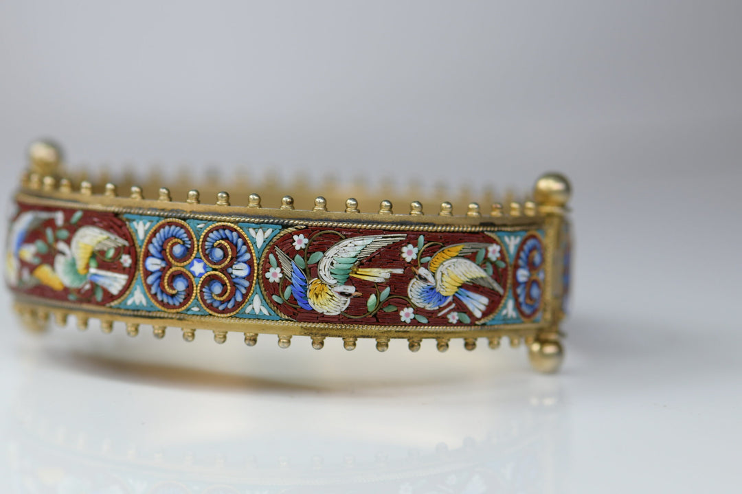 Victorian Antique Micro Mosaic Flower & Dove Bangle Bracelet - SOLD