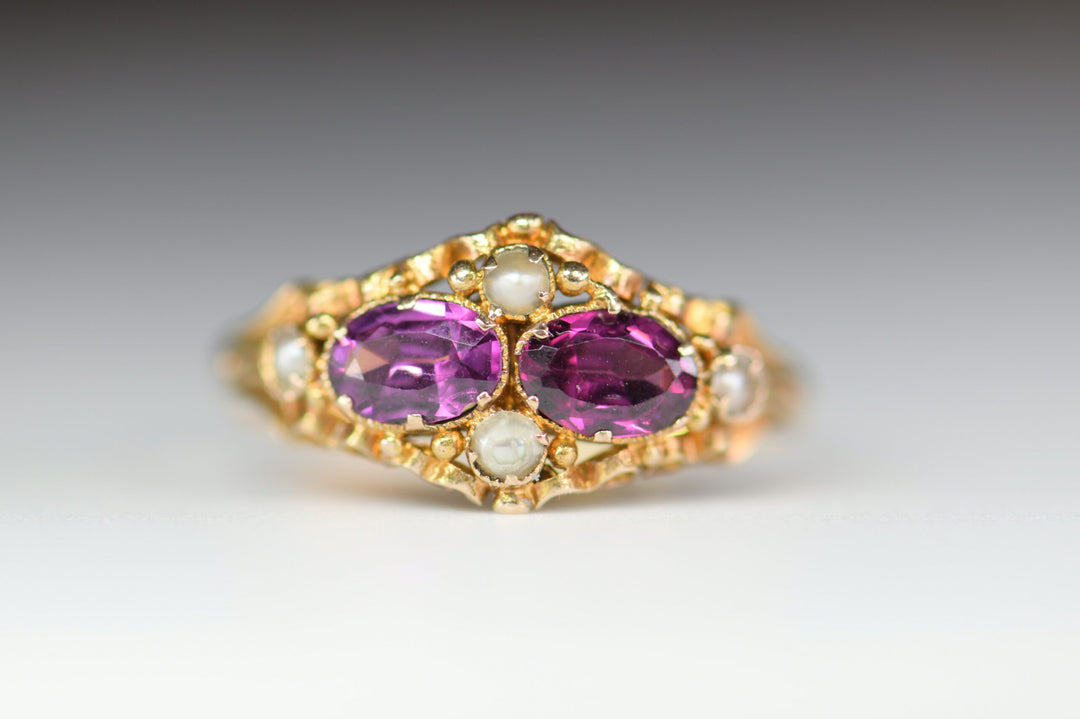 Victorian Pearl & Amethyst 15K Gold Antique Ring