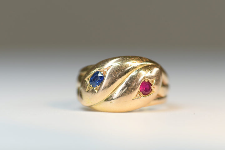 Victorian Antique 22 Karat Sapphire Ruby Double Snake Ring