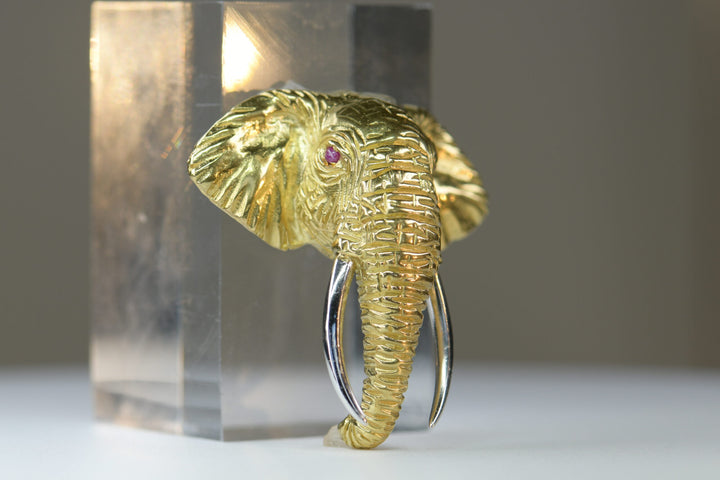 18K Gold Ruby Elephant Head Brooch- SOLD