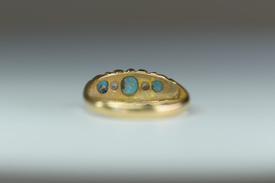 Edwardian Turquoise Diamond Five Stone Antique Gold Ring