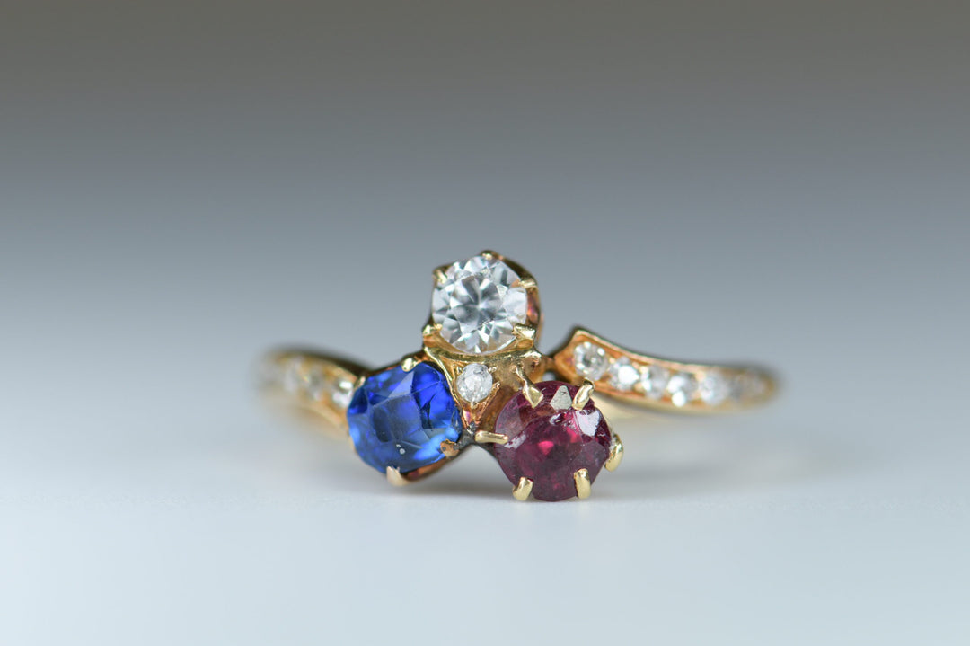 Victorian 18 Karat Gold Sapphire Ruby & Diamond Clover Antique Ring