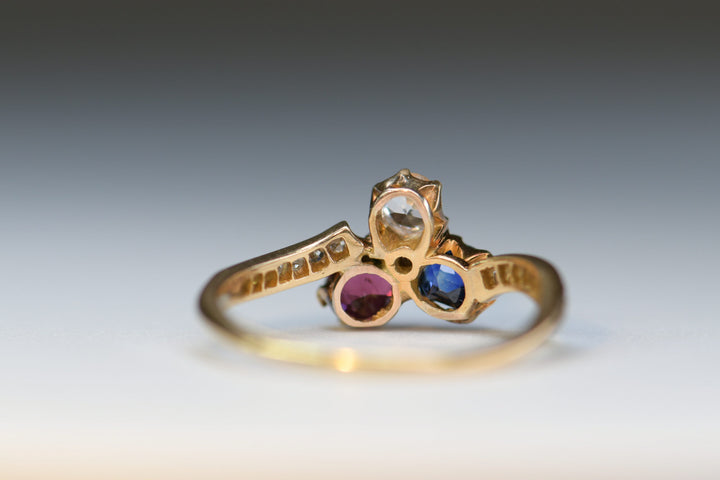 Victorian 18 Karat Gold Sapphire Ruby & Diamond Clover Antique Ring