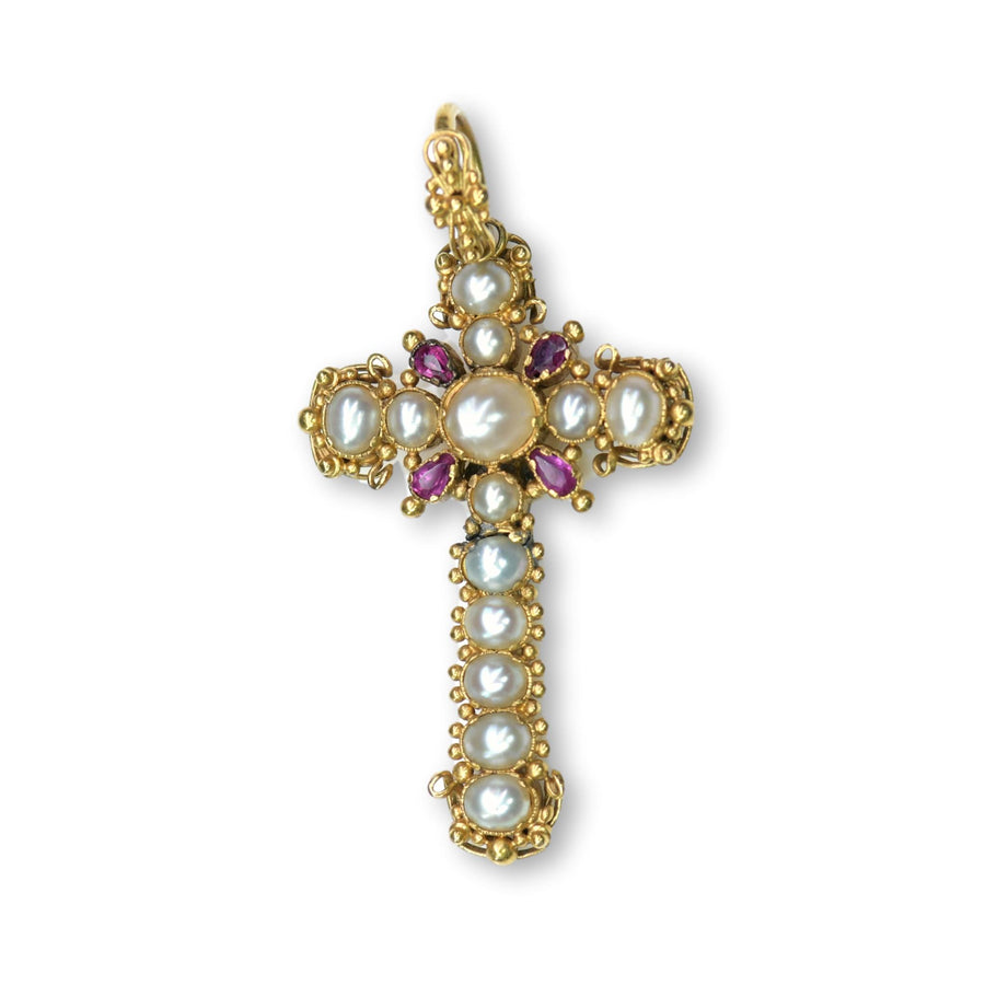Georgian Gold Ruby & Pearl Cross Pendant