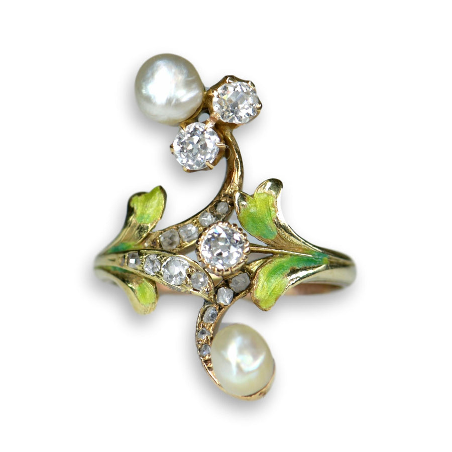 Art Nouveau Diamond & Natural Pearl Plique A Jour Enamel Antique Ring