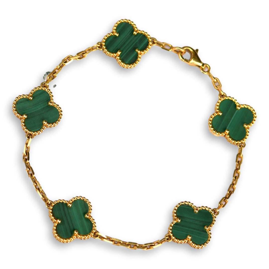 Vintage Alhambra bracelet, 5 motifs 18K yellow gold, Diamond, Malachite - Van  Cleef & Arpels