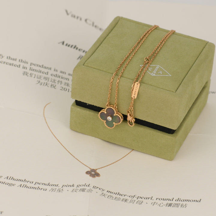 Van Cleef Arpels Alhambra Grey Mother of Pearl Diamond Pendant Necklace