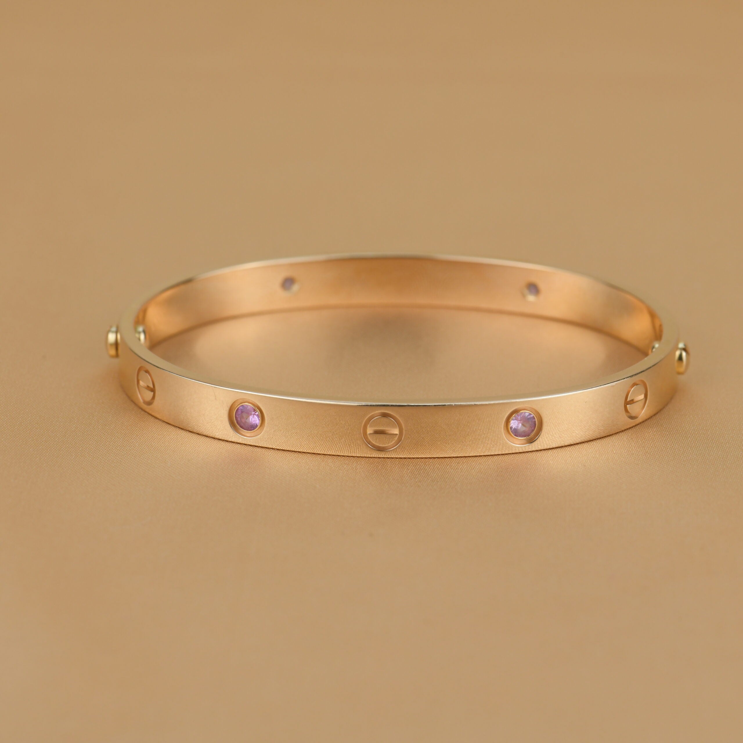 Cartier 4 Pink Sapphire Love Bracelet in Rose Gold Size 18