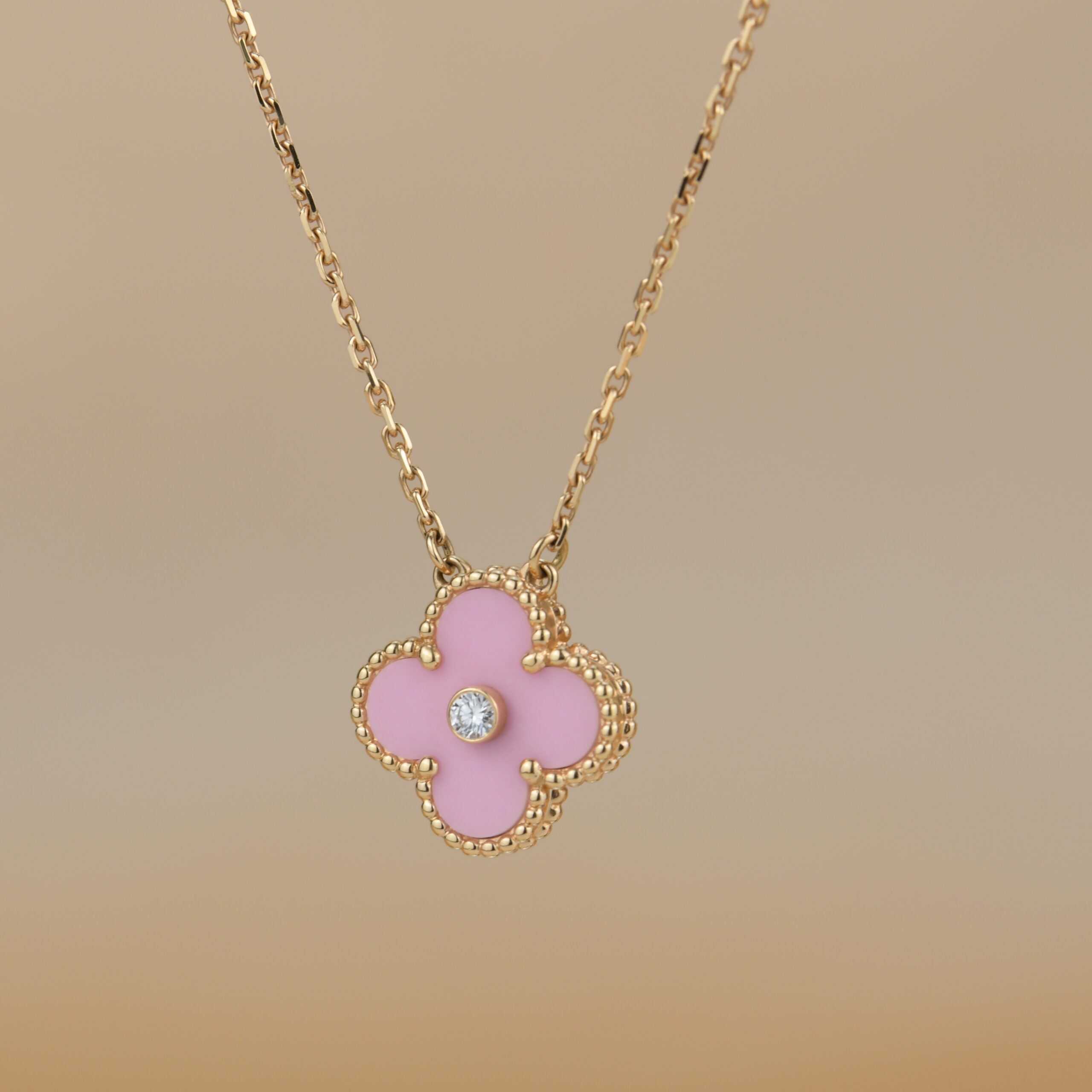 VAN CLEEF & ARPELS Vintage Alhambra 2015 Holiday Diamond Pendant Necklace  in Pink Sèvres Porcelain 18k Pink Gold | Dearluxe