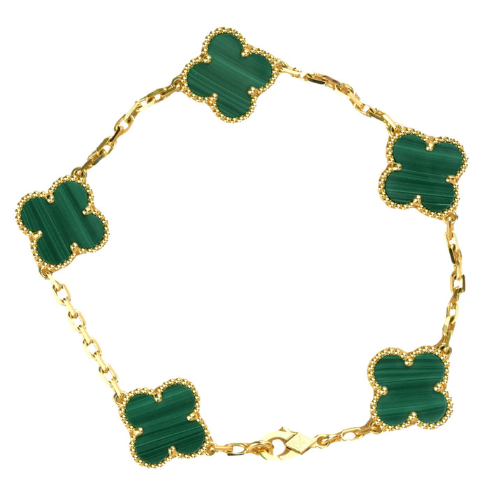 Van Cleef &amp; Arpels 5 Motif Vintage Alhambra Malachite Yellow Gold Bracelet