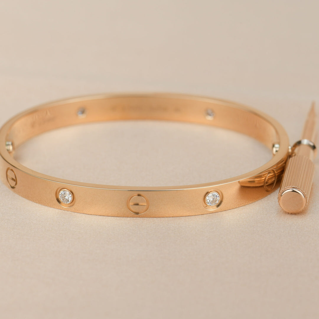 Cartier Love 18K Rose Gold 4 Diamond Bracelet Size 17