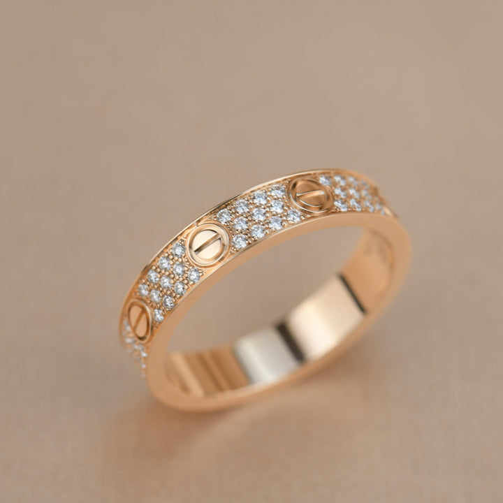 Cartier Rose Gold Pave Diamond Love Ring Size 52