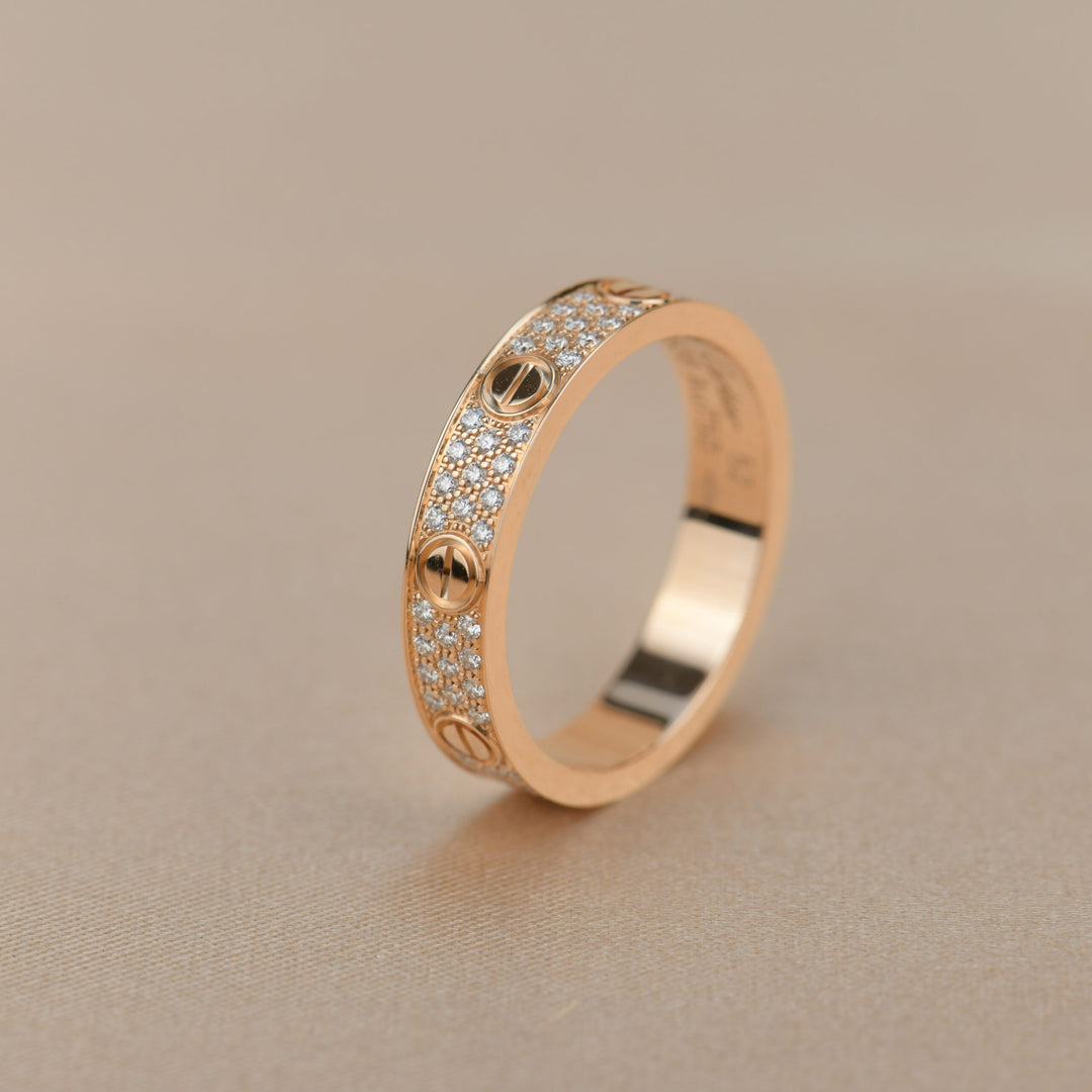 Cartier Rose Gold Pave Diamond Love Ring Size 52