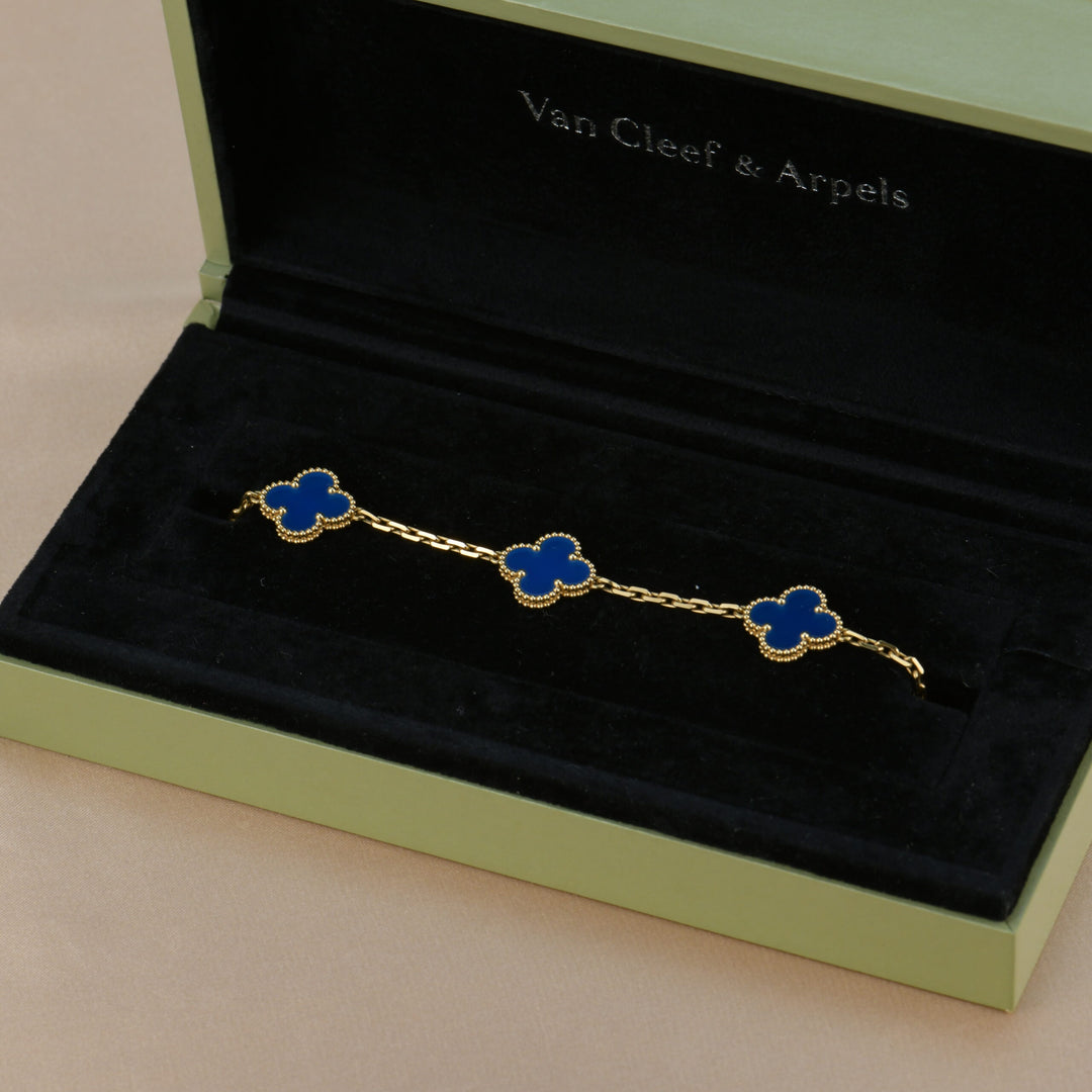 Van Cleef & Arpels Blue Porcelain Yellow Gold Alhambra Bracelet