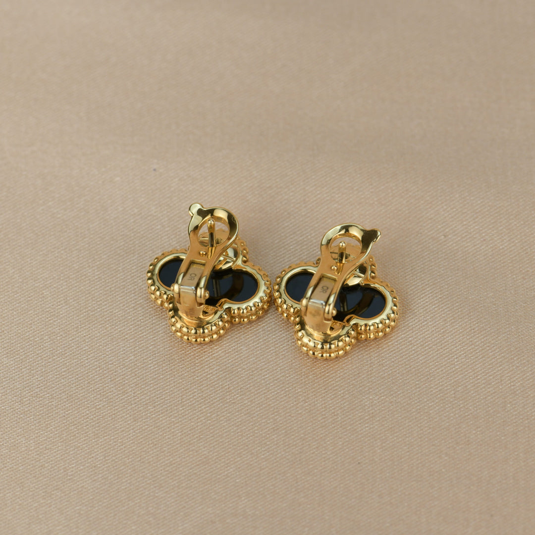 Van Cleef & Arpels Vintage Alhambra Black Onyx Yellow Gold Earrings