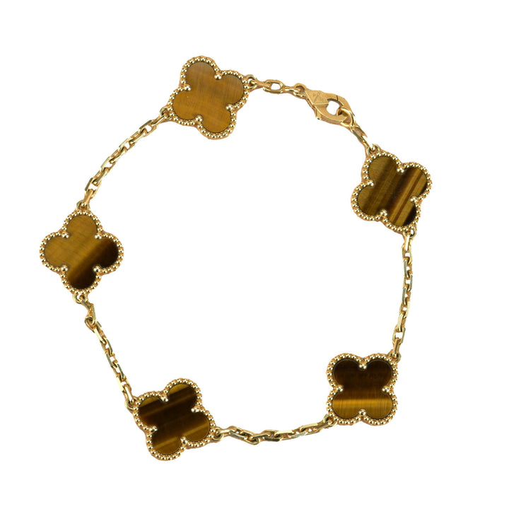 Van Cleef & Arpels Tiger's Eye Vintage Alhambra 5 Motif Gold Bracelet