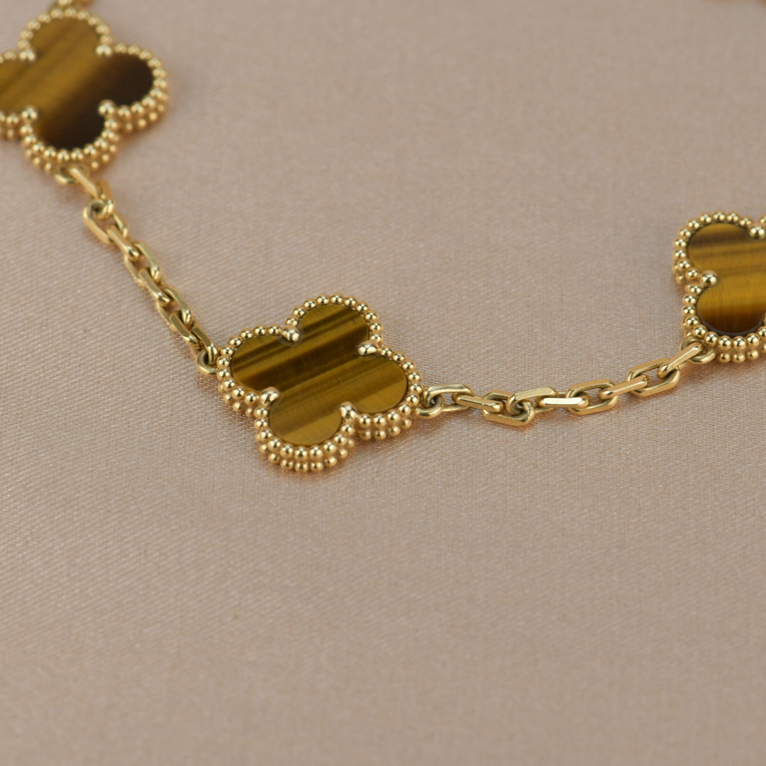 Van Cleef &amp; Arpels Tiger's Eye Vintage Alhambra 5 Motif Gold Bracelet