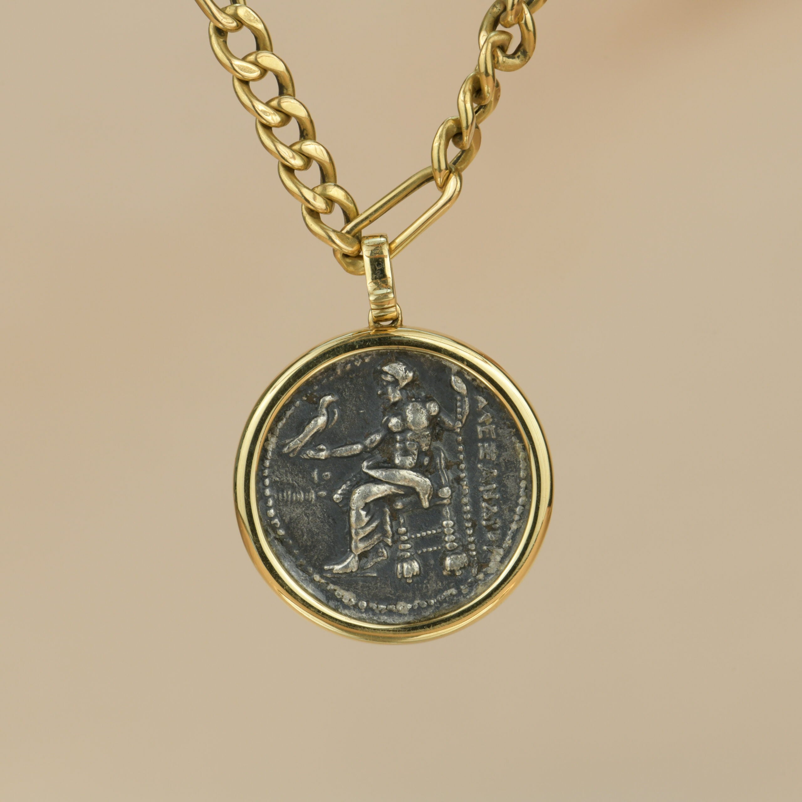 Ancient Coin Pendant Necklace in 18K Yellow Gold Dandelion Antiques