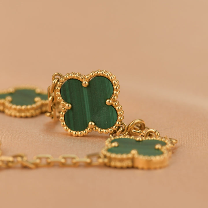 Van Cleef &amp; Arpels 5 Motif Vintage Alhambra Malachite Yellow Gold Bracelet