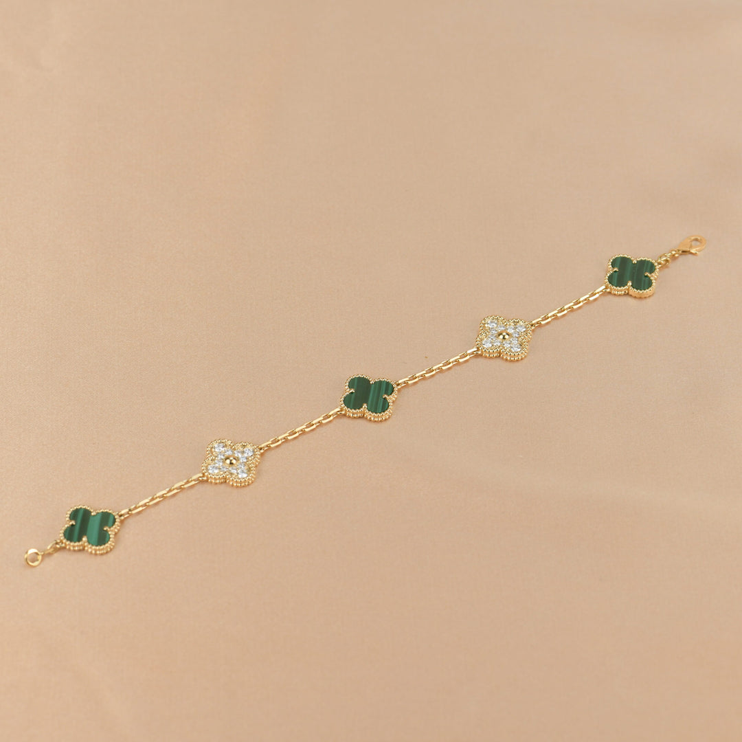 Van Cleef & Arpels 5 Motif Vintage Alhambra Diamond Malachite Bracelet