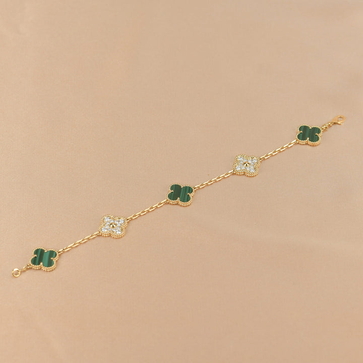 Van Cleef & Arpels 5 Motif Vintage Alhambra Diamond Malachite Bracelet