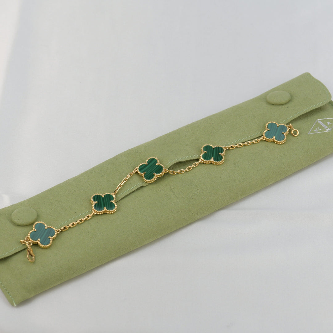 Van Cleef & Arpels 5 Motif Vintage Alhambra Malachite Yellow Gold Bracelet