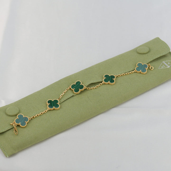 Van Cleef & Arpels 5 Motif Vintage Alhambra Malachite Yellow Gold Bracelet