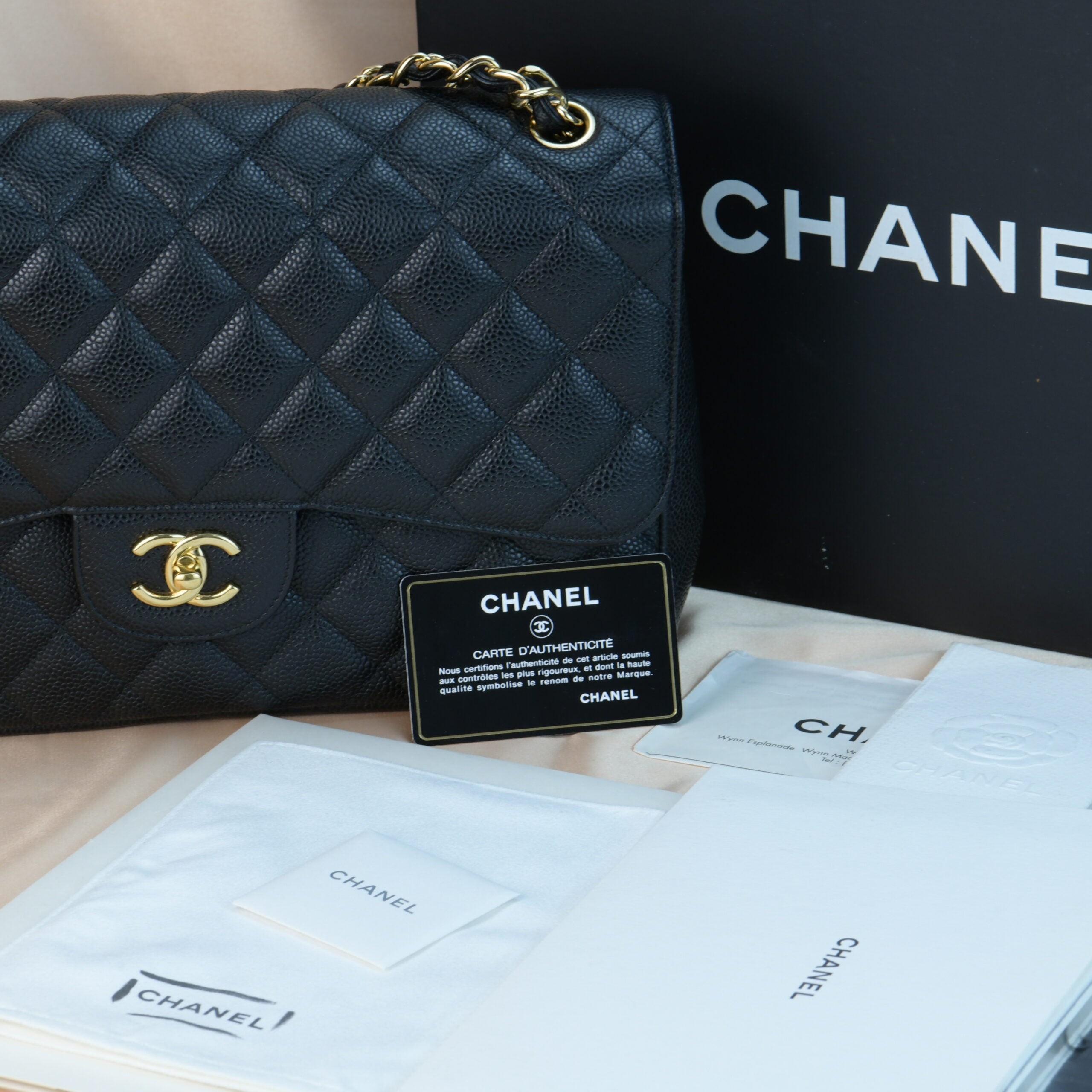 CHANEL Black Quilted Calfskin Caviar Timeless Classic Jumbo Double