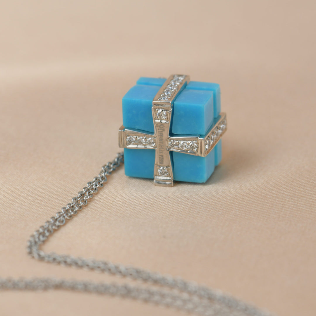 Tiffany & Co. Diamond Platinum Tiffany Blue Turqoise Box Necklace