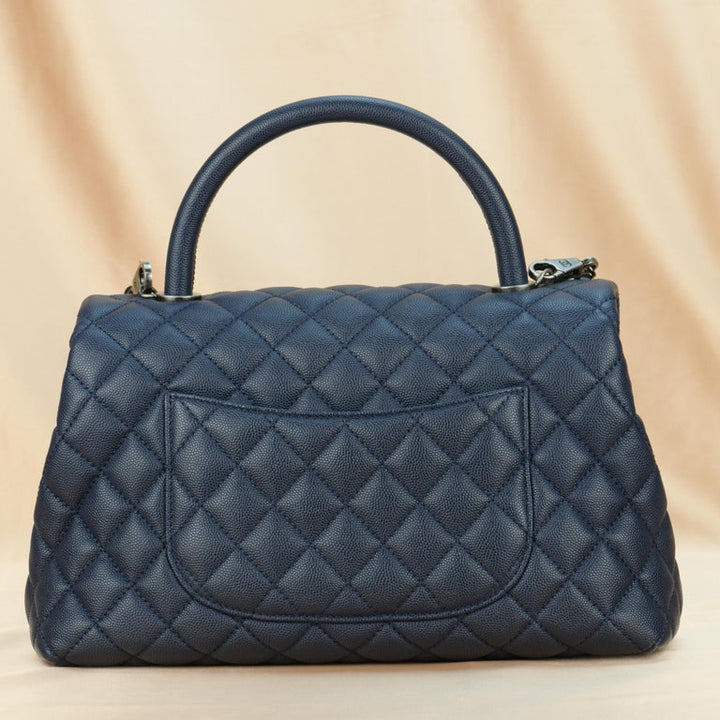 Chanel Navy Blue Quilted Caviar And Burgundy Lizard Medium Coco