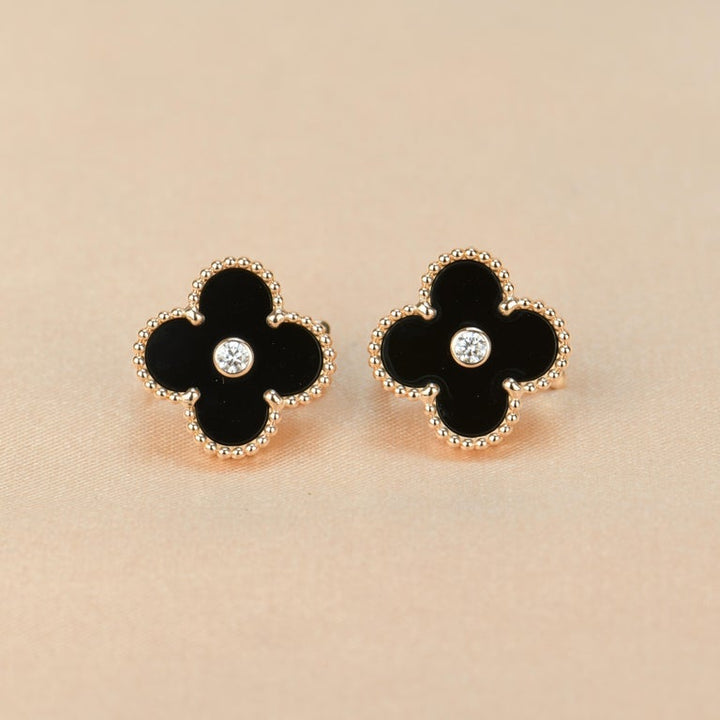 Van Cleef & Arpels Vintage Alhambra Limited Edition Onyx Diamond Gold Earrings