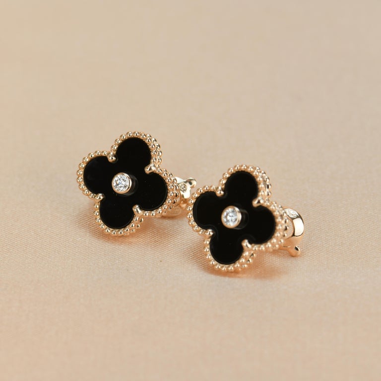 Van Cleef & Arpels Vintage Alhambra Limited Edition Onyx Diamond Gold Earrings