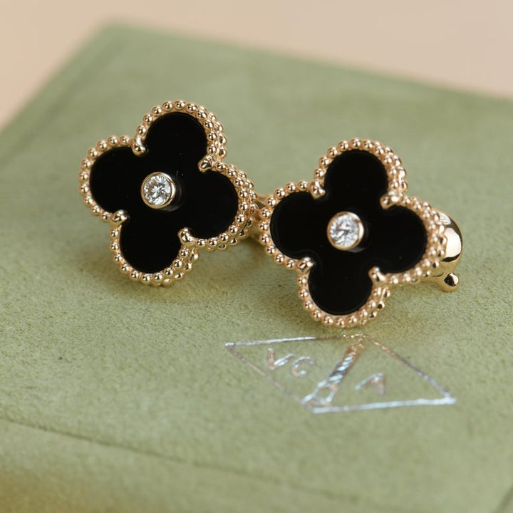 Van Cleef & Arpels Vintage Alhambra Limited Edition Onyx Diamond Gold Earrings