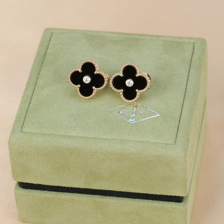 Van Cleef & Arpels Vintage Alhambra Limited Edition Onyx Diamond Gold Earrings