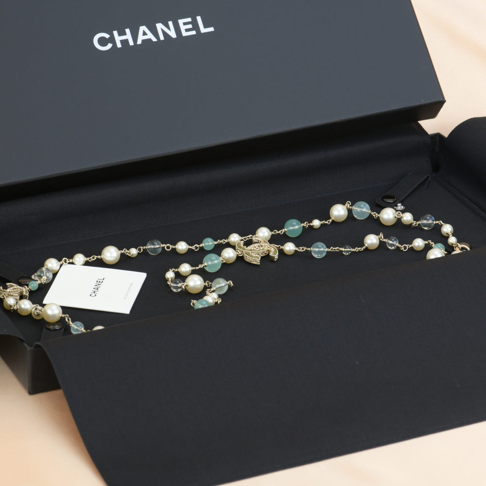 Chanel Pearl Sautoir Necklace with Glass Beads and Enameled CC Logos