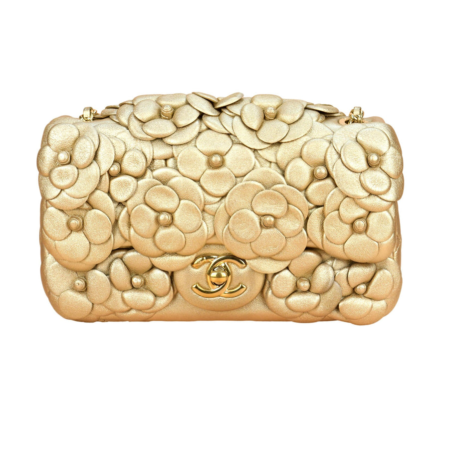 Chanel Golden Camellia Embellished Quilted Lambskin Mini Flap Bag