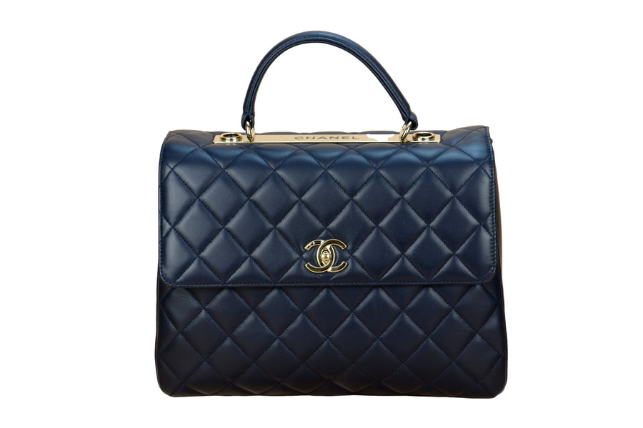 CHANEL Navy Blue Quilted Lambskin Leather Trendy CC Flap Top Handle