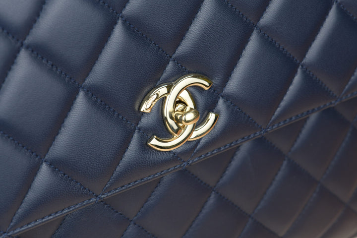 CHANEL Navy Blue Quilted Lambskin Leather Trendy CC Flap Top Handle