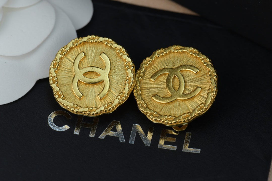 Vintage Chanel CC Gold Logo Textured Earrings