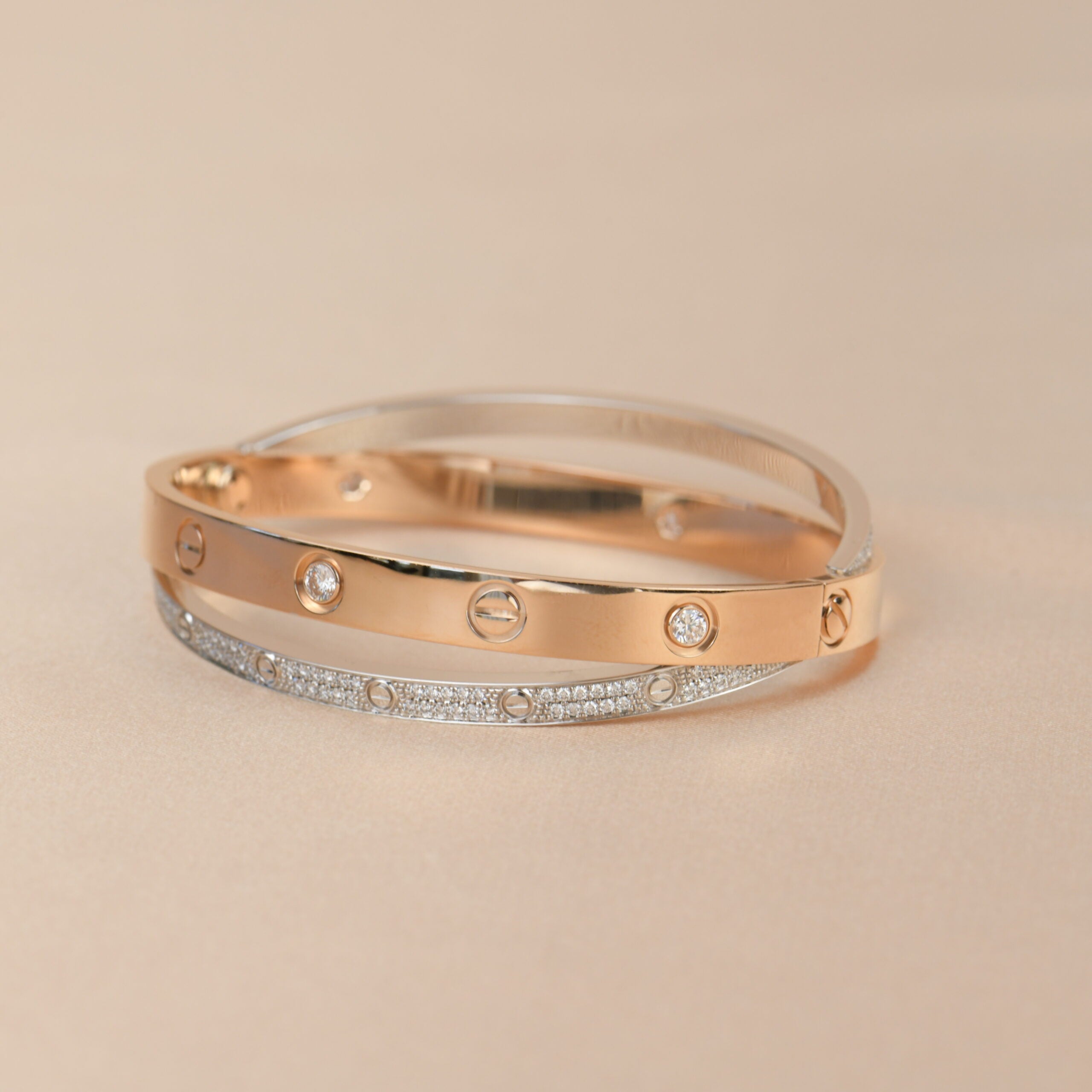 Cartier Rose Gold Half Diamond & Pink Sapphire Double Love Bracelet Size 18  N6705918 | Rich Diamonds