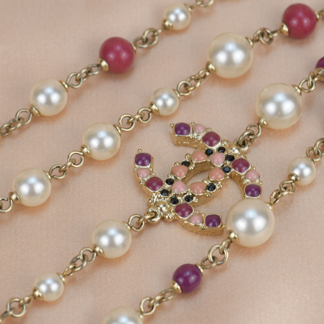 Chanel CC Log Long Pearl Necklace in Gilt Gold