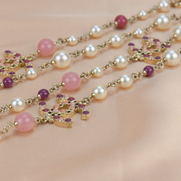 Chanel CC Log Long Pearl Necklace in Gilt Gold