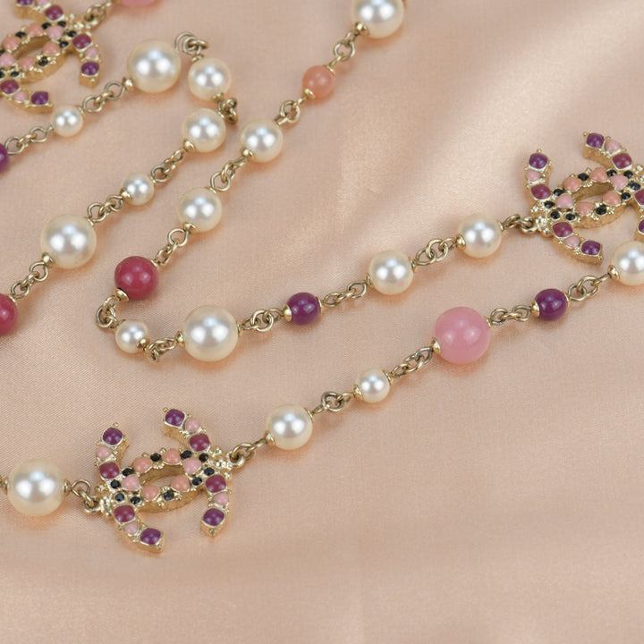 Chanel CC Log Long Pearl Necklace in Gilt Gold