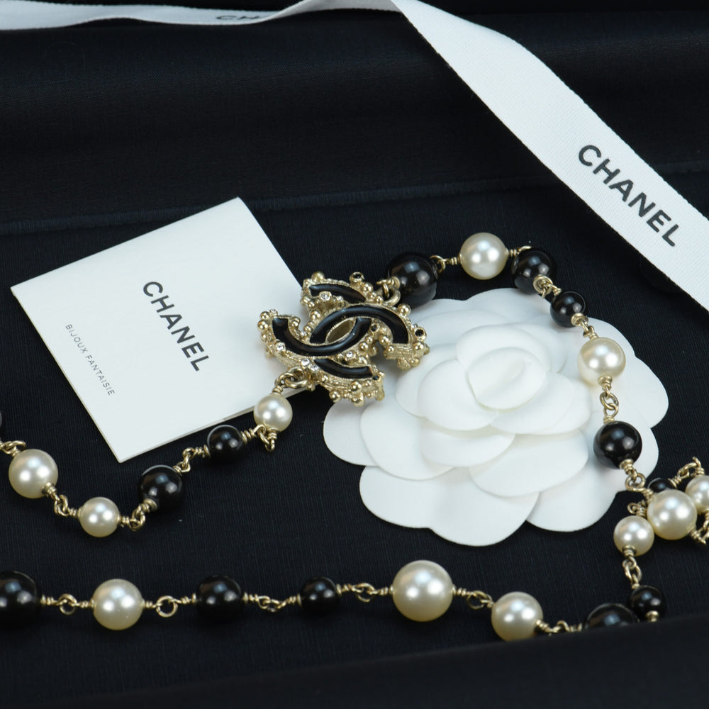Chanel CC Logo Black Onyx And Pearl Long Necklace