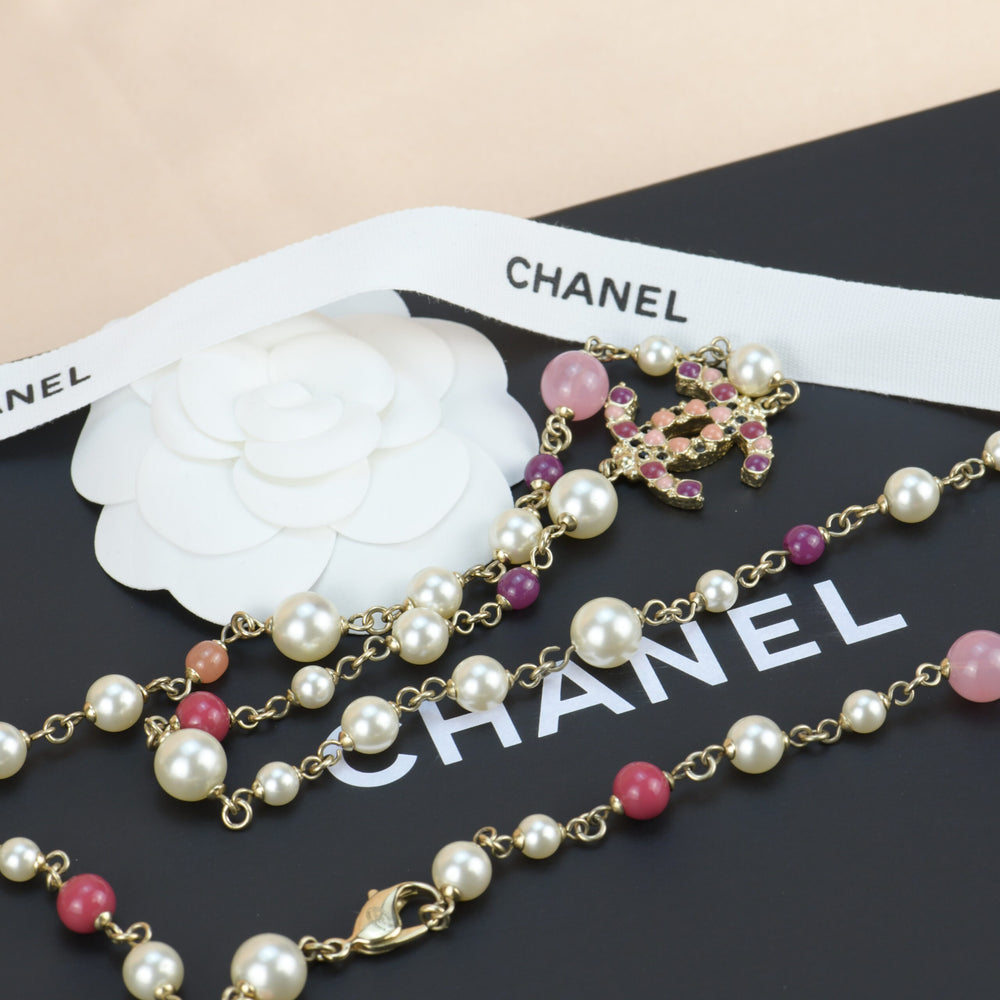 Chanel CC Logo Long Pearl Necklace in Gilt Gold
