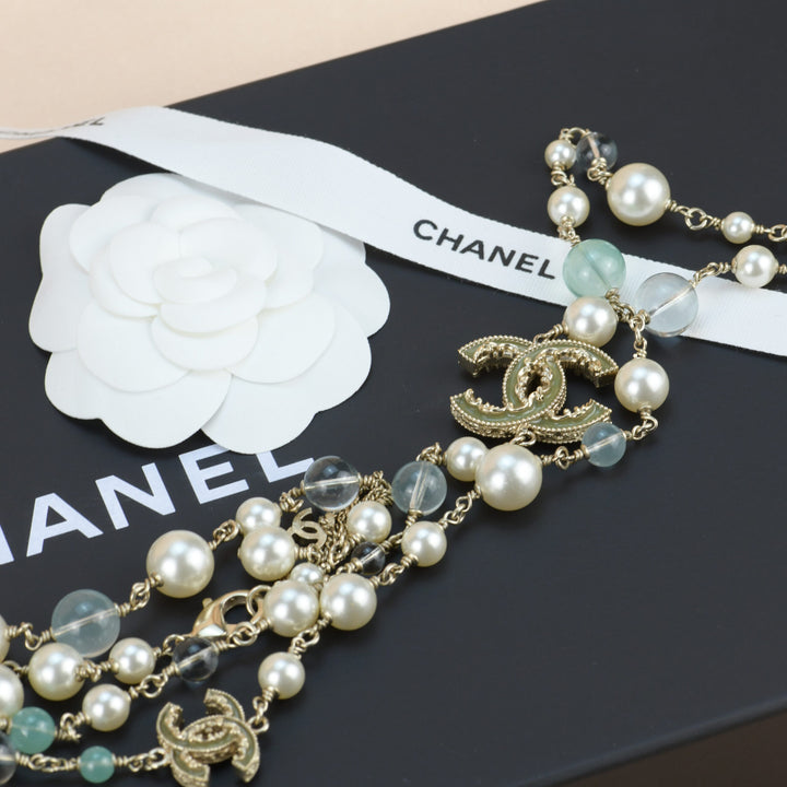 Chanel Pearl Sautoir Necklace with Glass Beads and Enameled CC Logos