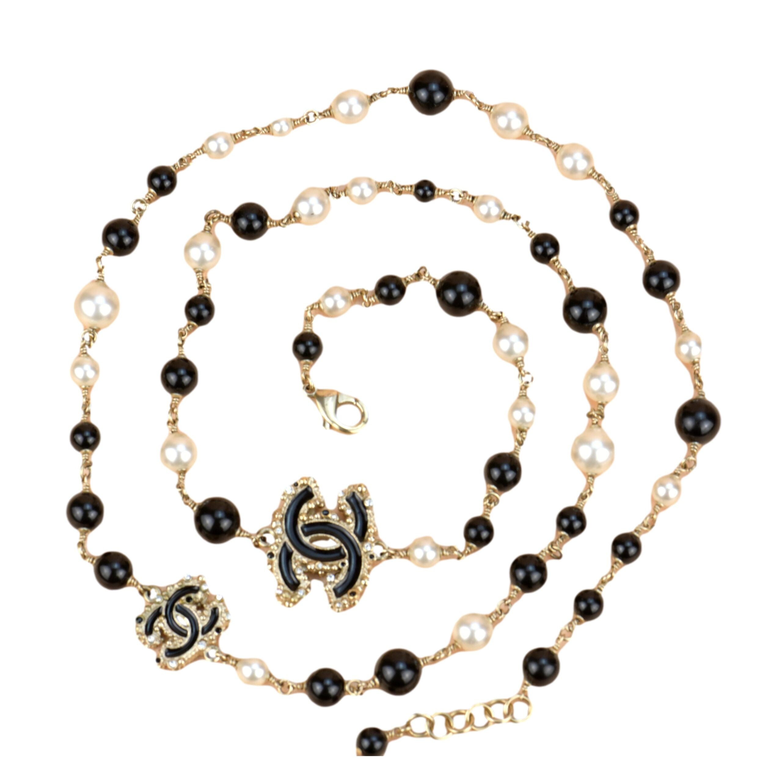 Chanel CC Logo Black Onyx And Pearl Long Necklace